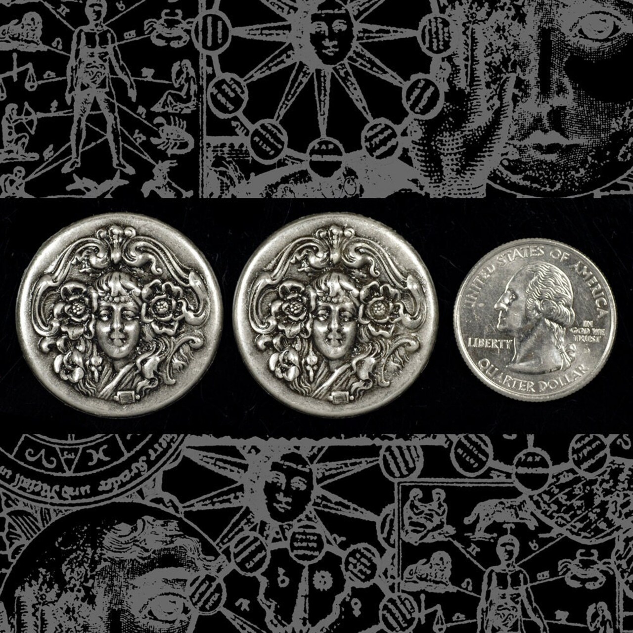 Antiqued Silver Plated Brass Round Cameo Lady with Flowing Hair Pendant- S-P99